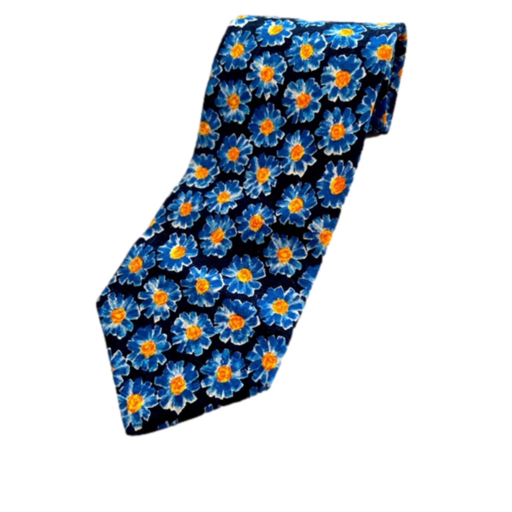 Ermenegildo Zegna Silk Tie Blue Floral Print Yellow Centers Made in Italy